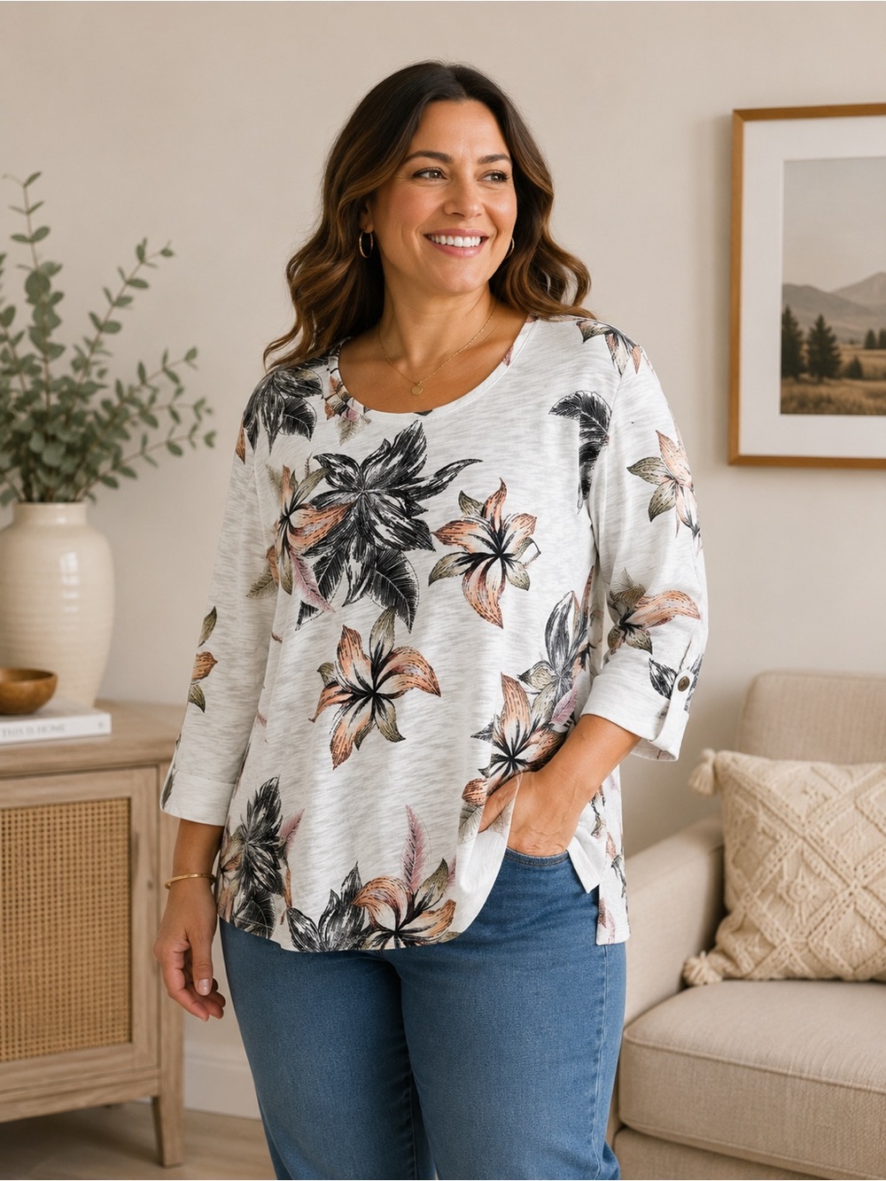 Chico’s Floral Slub Knit Top Size 3 XL White Cotton Modal 3/4 Sleeve Boho Resort
